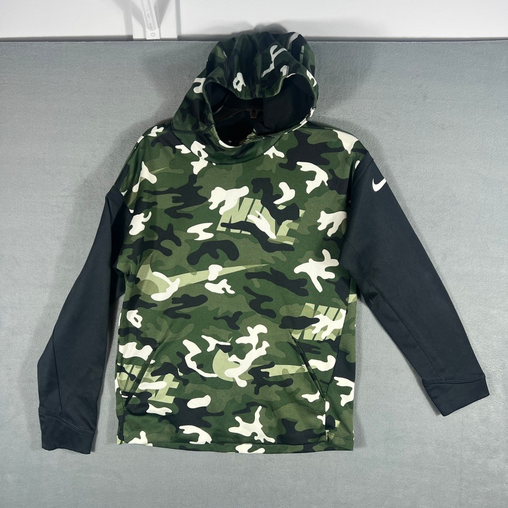Nike Boys Hoodie XL Camo Green‎ Black Dri-FIT Pullover Long Sleeve Swoosh Logo